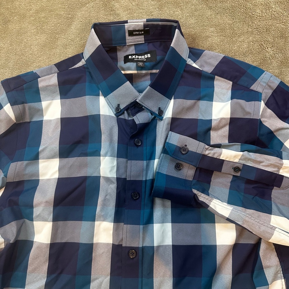 Express Performance Mens Extra Slim Fit Blue Plaid‎ Dress Shirt Medium 15-15.5